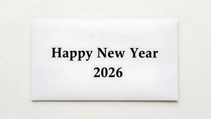 Happy new year 2026 text on white envelope with black font
