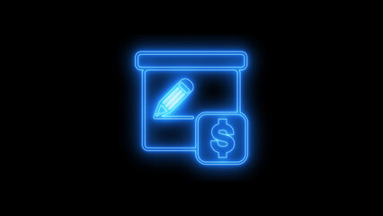 Neon Blue Outline Icon: Document, Pencil, and Dollar Sign for Financial Editing and Business Management