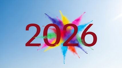 Year 2026 with colorful powder explosion on bright blue sky background