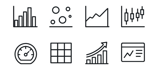 Data visualization and analytical tools line icons set