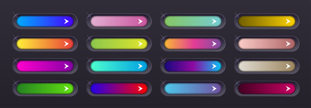 Set of Colorful Glossy 3D UI Buttons for Game and Web Design, Modern Glass Style Interface Elements with Arrows, Editable AI file