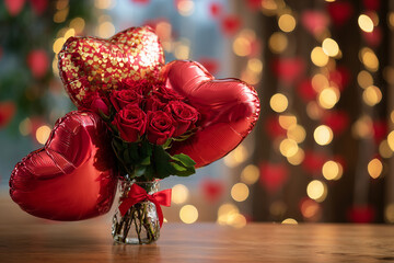 valentine's day background with a bouquet of red roses and heart-shaped balloons on the table, with copy space for text and bokeh lights. valentine's day concept. Background, mockup for Valentine’s da
