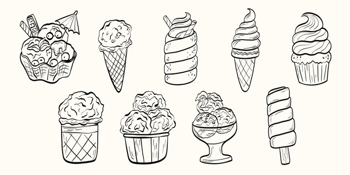 Ice cream set with cones, scoops and desserts in clean line art. Sweet food icon for menus, packaging, branding and recipe illustrations