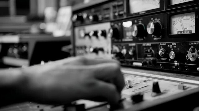 Technician adjusting AM radio transmitter controls in a professional broadcast studio with signal strength meters visible in the background.