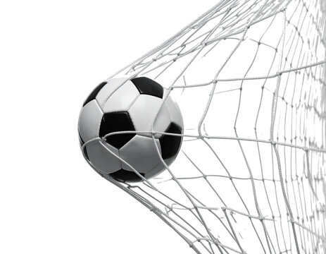 Torschuss ball im Netz isoliert auf wei&szlig;en Hintergrund, transparent