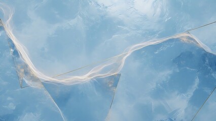 An abstract blue sky background with white clouds featuring a jet aircraft flying high and leaving a long white contrail smoke trail across the clear light air

