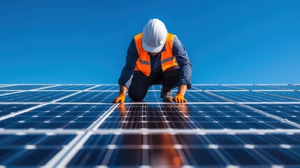 A worker in safety gear installs solar panels on a rooftop under a clear blue sky, promoting renewable energy and sustainability.