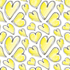 Watercolor valentine yellow heart seamless pattern.  Symbol of love, Valentines's day. For fabric, paper, wrapping, card, print, skirt, scarf, decor.