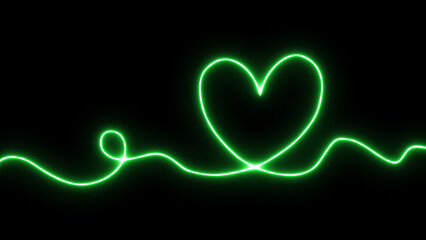 Abstract glowing neon green heart and continuous wavy line on black background, symbolizing modern love, health, and digital connection. © iexpert360