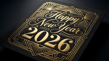 Elegant Happy New Year 2026 card with gold Art Deco design