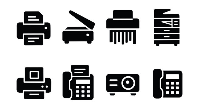 Office equipment black and white icons set