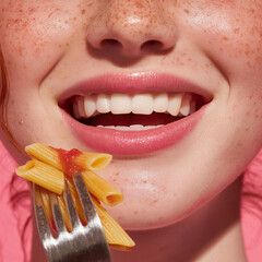 close up of a young woman eating a pasta