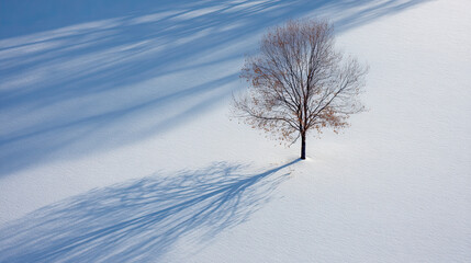 Solitary Tree in Snow with Long Shadow