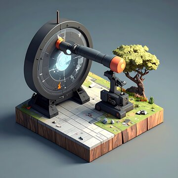 Isometric, low-poly teleporter with orange accents, set on a small square of grass, tree alongside, grey background