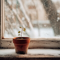 Green Life on a Snowy Windowsill