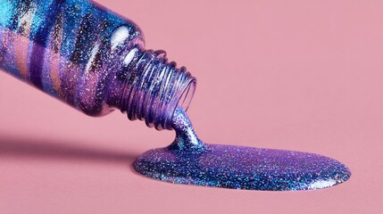 Purple and blue glitter nail polish spills from bottle