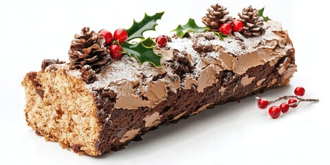 Chocolate cake roll with berries on white background.