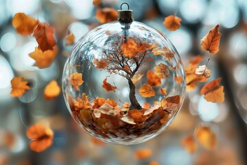 Autumn leaves floating inside glass sphere.
