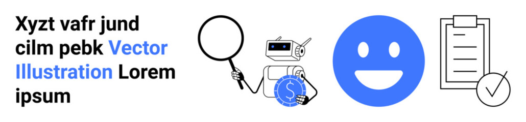 Online security, financial management, communication, quality control, data monitoring, authentication. Blue happy face, magnifying glass camera currency icon checklist. Online security