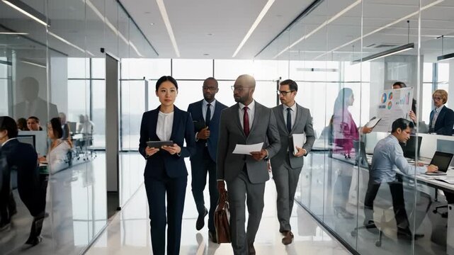 Diverse group of business professionals walking down a modern office hallway