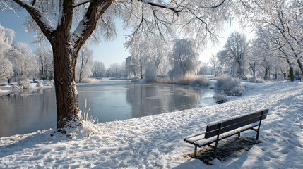 Frozen Serenity: Snowy Park and Lake in Winter Light