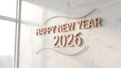 Happy New Year 2026 celebration with elegant gold text on marble