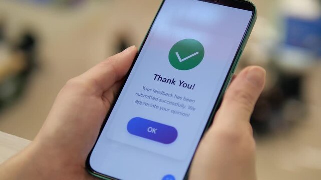 a woman in a public space selecting a negative emoji rating (e.g., a frown) and successfully submitting her review, confirmed by an on screen notification. Perfect for content about customer