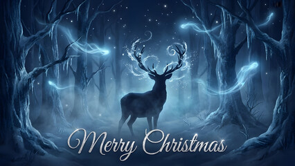 Majestic reindeer in mystical winter forest with glowing antlers