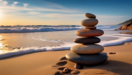a serene stack of smooth stones on a sandy beach with gentle waves lapping at the shore and a blurred coastal background creating a peaceful atmosphere