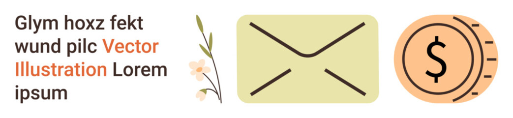 Business transactions, financial services, communication, money management, mail services, finance industry. Envelope and coin icon with orange accent. Communication and financial services concepts