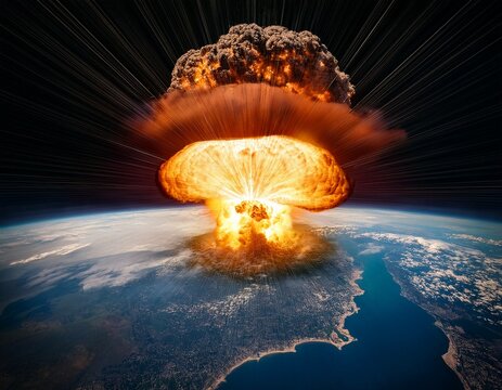 massive nuclear explosion or asteroid impact on earth surface viewed from outer space with atmospheric blast