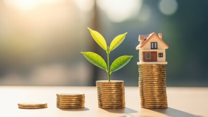 Increasing stacks of golden coin with plant and house model representing financial growth and investment for real estate business