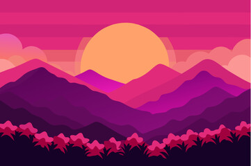 Vibrant mountain landscape at sunset with silhouetted peaks and foreground foliage