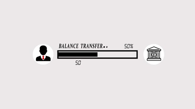 Balance transfer interface animation showing user to bank transaction progress with loading bar, financial data flow, digital payment process and modern fintech UI design