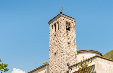 Bell Tower of the Montedato Church situated in Lavertezzo Piano, near Riazzino, in the canton of Ticino, Switzerland.