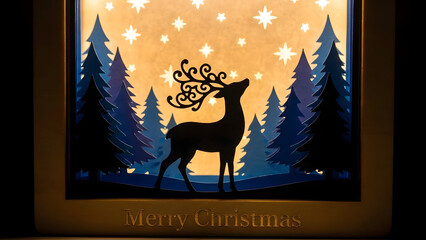 Merry Christmas greeting with silhouette reindeer in snowy forest