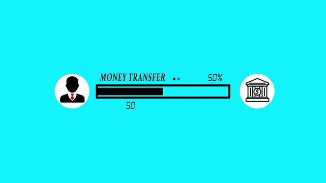 Money transfer progress bar animation showing user to bank transaction flow, digital finance interface, secure online payment process and modern fintech UI design