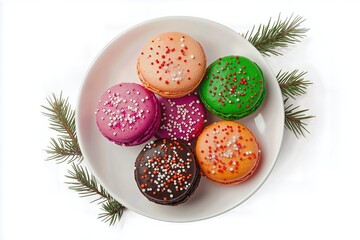 Colorful glazed donuts on plate with greenery.