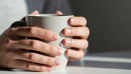 Cozy lifestyle scene with hands holding mug in soft daylight colors