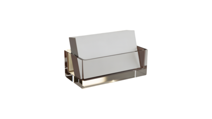 A silver business card holder with two slots on a black background