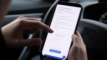Modern access to justice in action. This closeup shot shows a person successfully submitting a legal claim or court document via a smartphone app, culminating in a confirmation notification. It