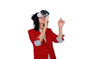 Woman exploring virtual reality and metaverse using vr headset, interacting with digital world, transparent background