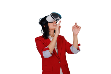 Woman exploring virtual reality and metaverse using vr headset, interacting with digital world, transparent background