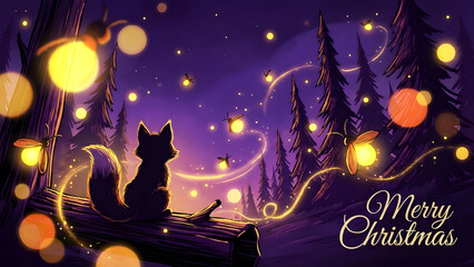 Whimsical Christmas scene with fox surrounded by fireflies in forest