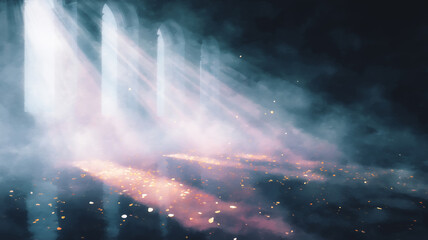 Dramatic Sunlight Beams in Smoky Arched Chamber