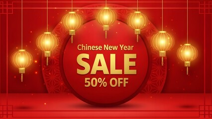 Chinese new year sale banner with glowing lanterns and 50 percent off discount