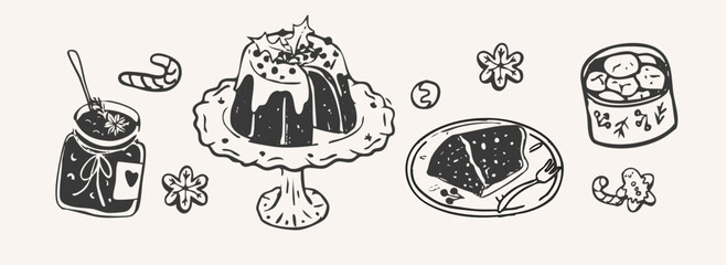 Charming Festive Christmas Desserts Doodle. Cute Pudding and Holiday Cookies Overhead Illustration. Outline Hand-Drawn Vector Illustration