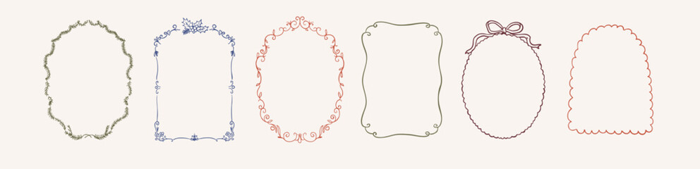 Charming Coquette Vintage Frames Doodle Set. Cute Ornate Scrolled Borders Collection Illustration. Outline Hand-Drawn Vector Illustration