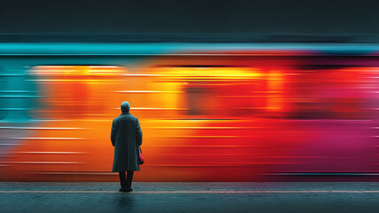 Commuter Watching Fast Moving Colorful Metro Train