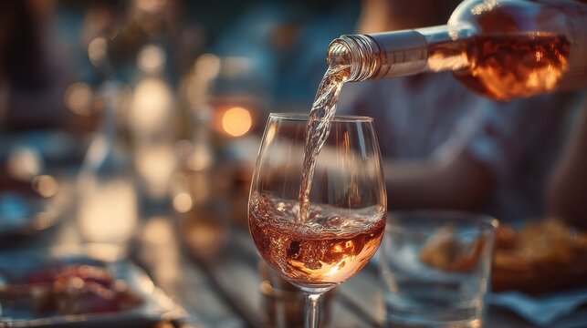 pouring rose wine into a glass emphasizing the act of serving during a social gathering
